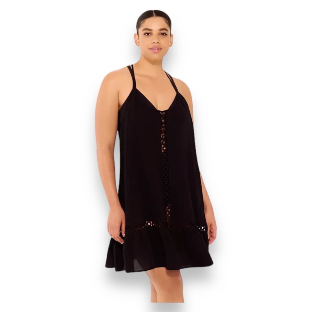 Freshwater Women's Plus Eyelet-Trim Swim Cover-Up Dress, Black, size 3X